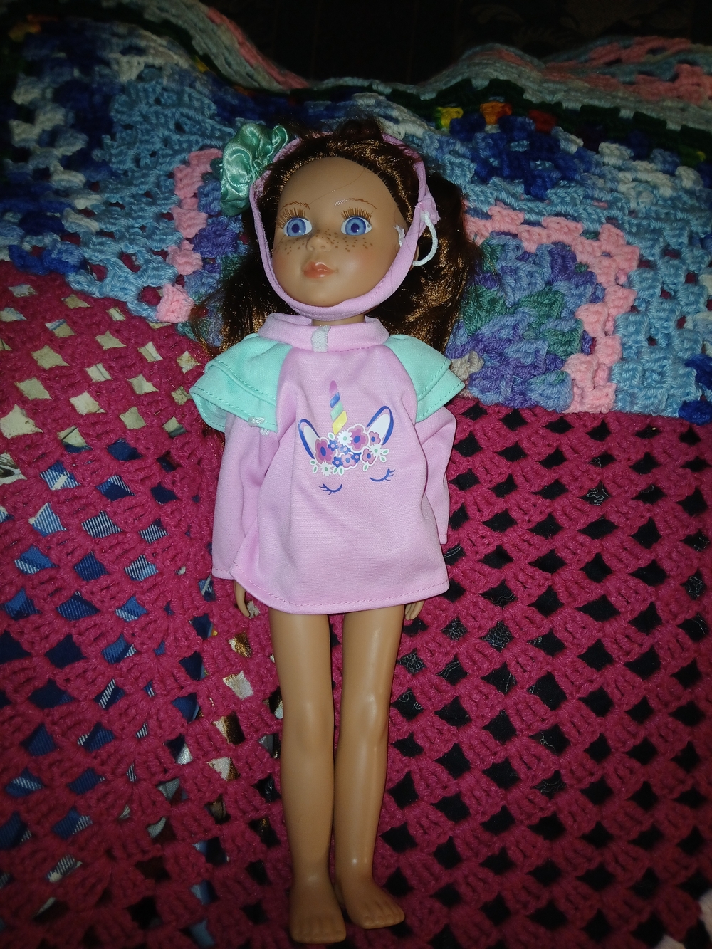 Pink Unicorn Doll Top with Mint Shoulder Accents